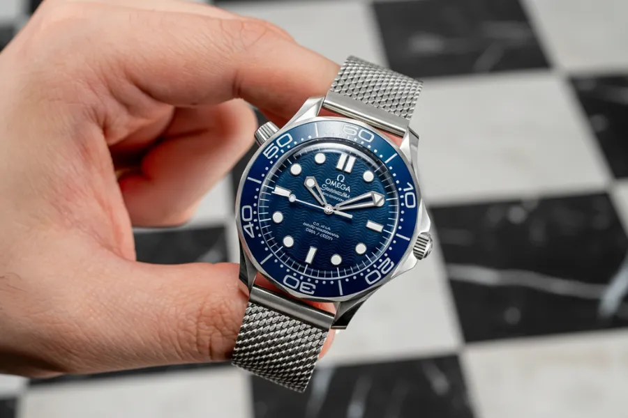 A hand holding the Omega Seamaster watch