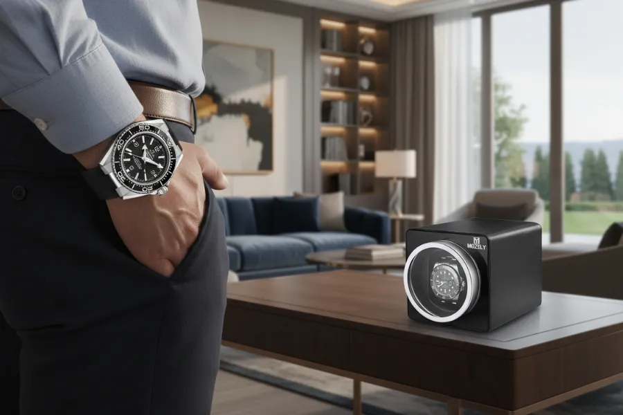 A gentleman wearing his Omega with the Mozsly watch winder