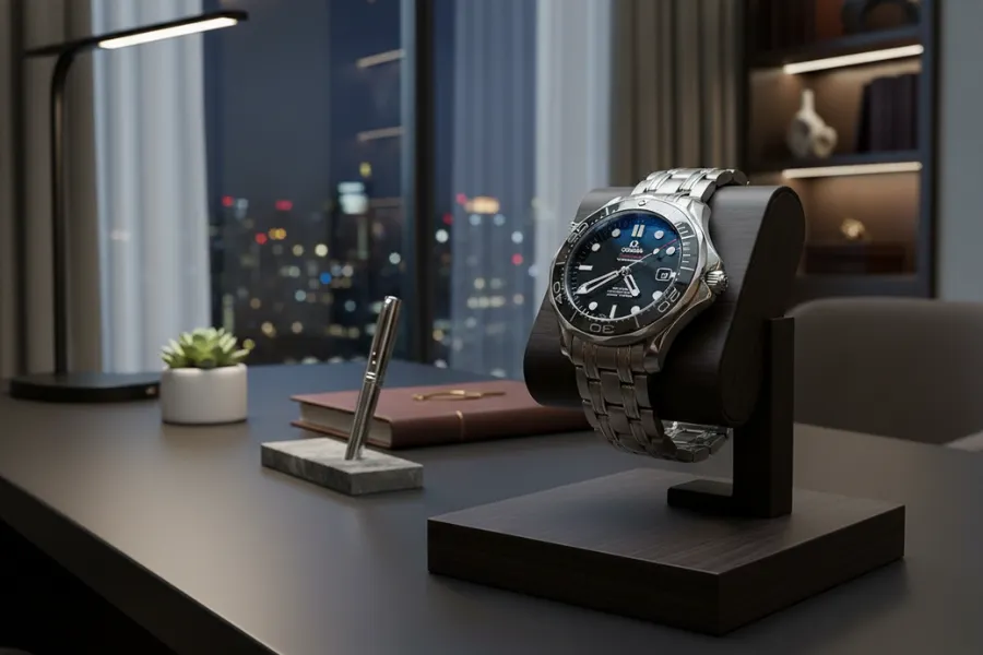 An Omega Seamaster on the desk without watch winder
