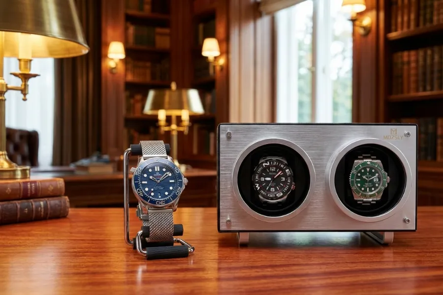 The Mozsly double watch winder an the Omega watch