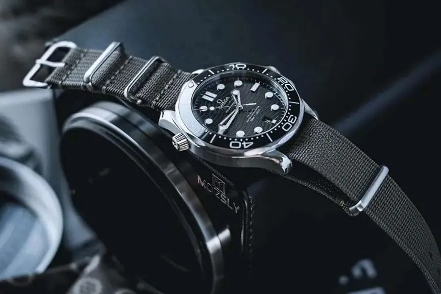 An Omega watch on the Mozsly watch winder