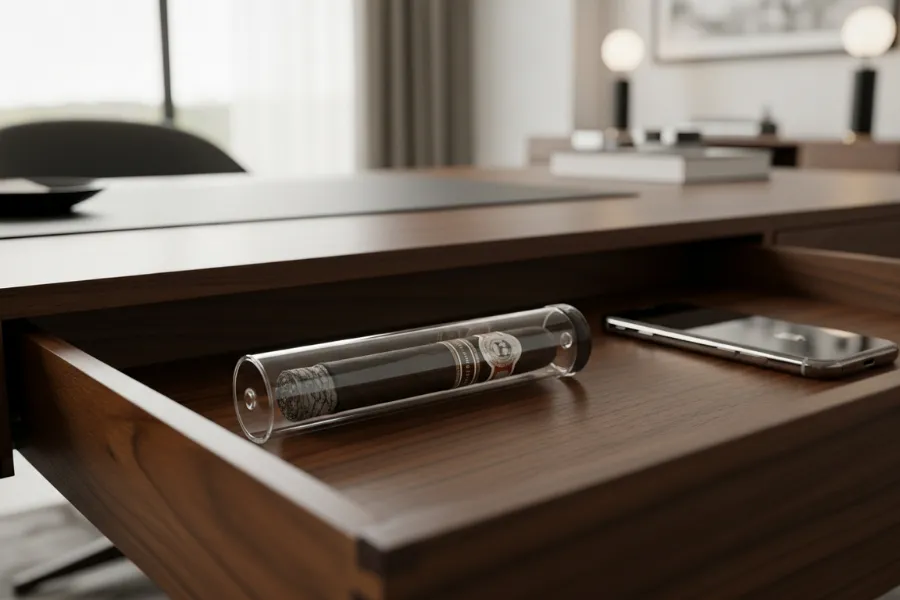 Glass tubed cigar in the drawer