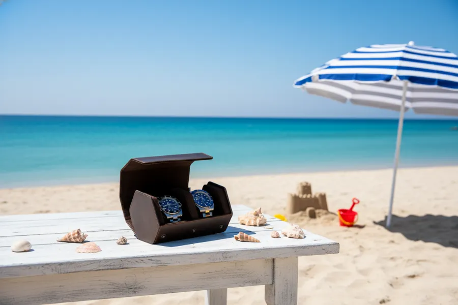 Mozsly 2-watch roll on the beach table