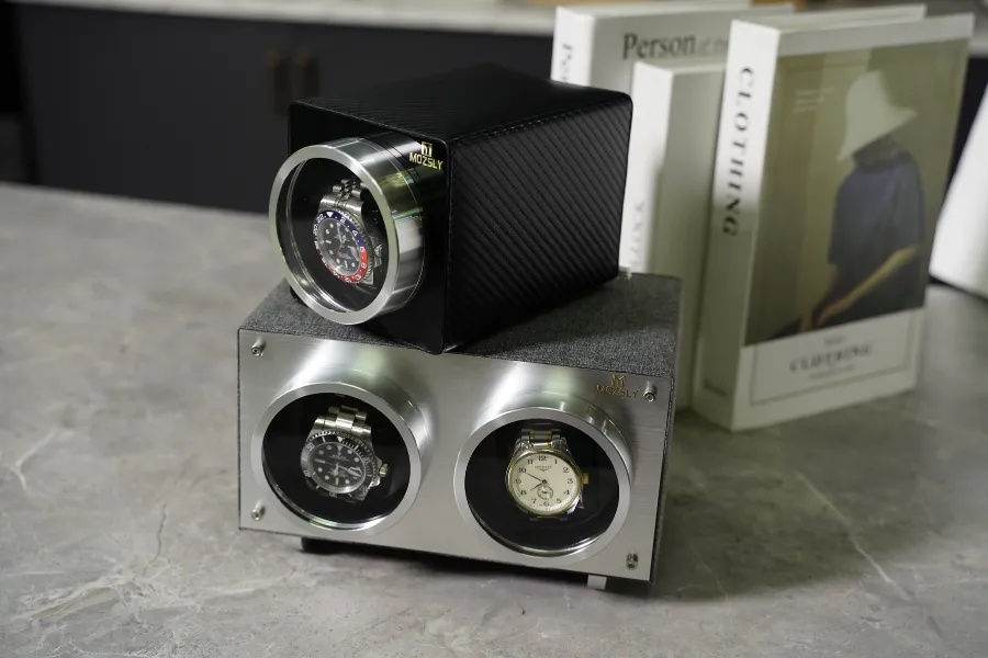 The single and double Mozsly watch winder on desk