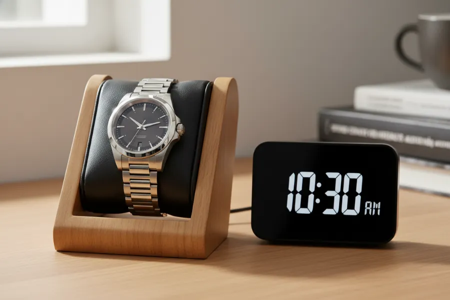 An automatic watch on the watch stand with erratic time because of stopped