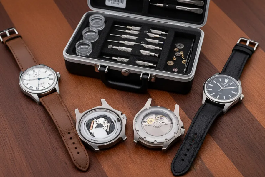 Different watchback on the desk, with a mechanical and quartz watch who don't need watch winders.