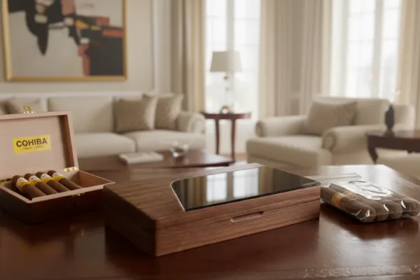 The Mozsly humidor with some packs of cigars