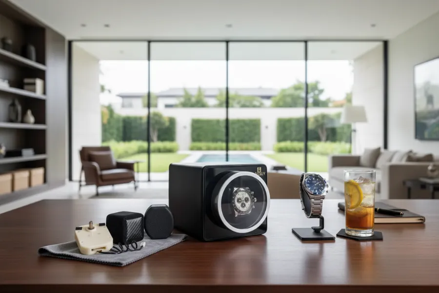 The Mozsly watch winder on the desk, with the quite Mabuchi motor and soft pillows.