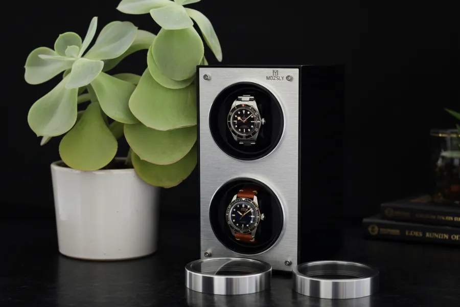 The Mozsly vertical double watch winder, perfect if you have multiple watches with small space