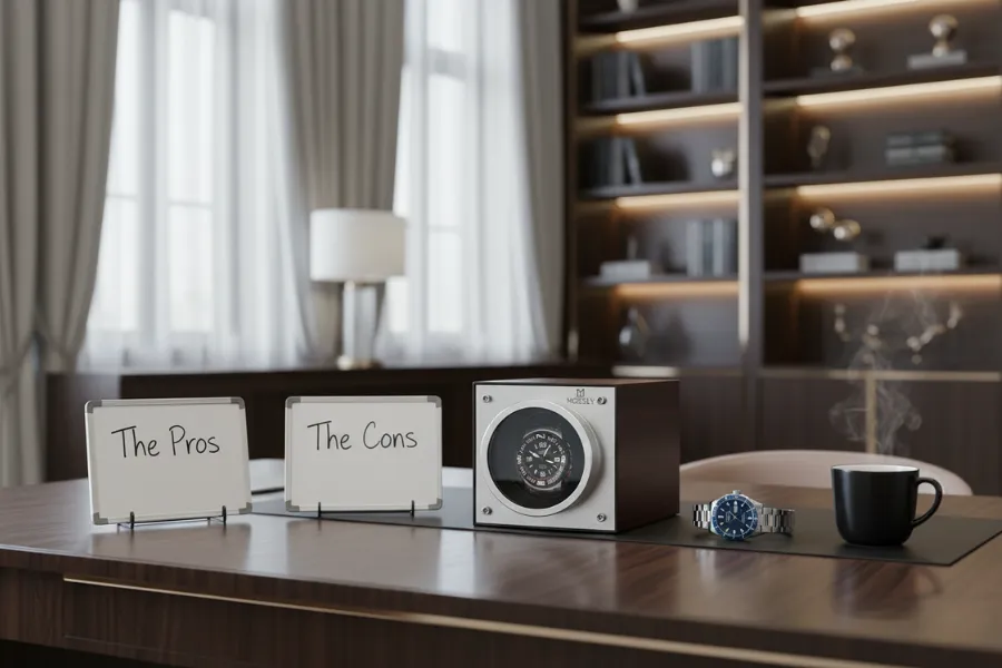 A Mozsly watch winder on the desk, ready to explain the pros and cons of it to you