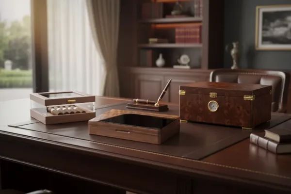 Different cigar humidors of various sizes and types