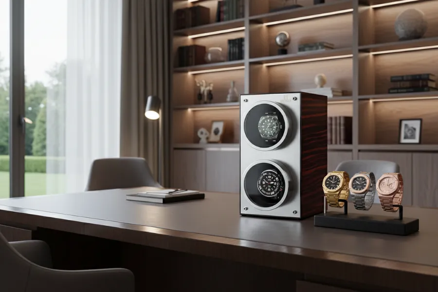 A Mozsly double watch winder on the desk, with many automatic watches
