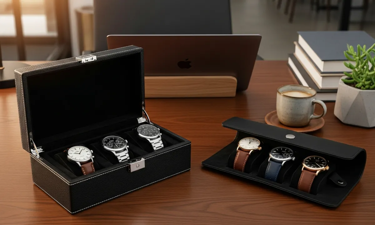 Watch box and watch roll on the desk