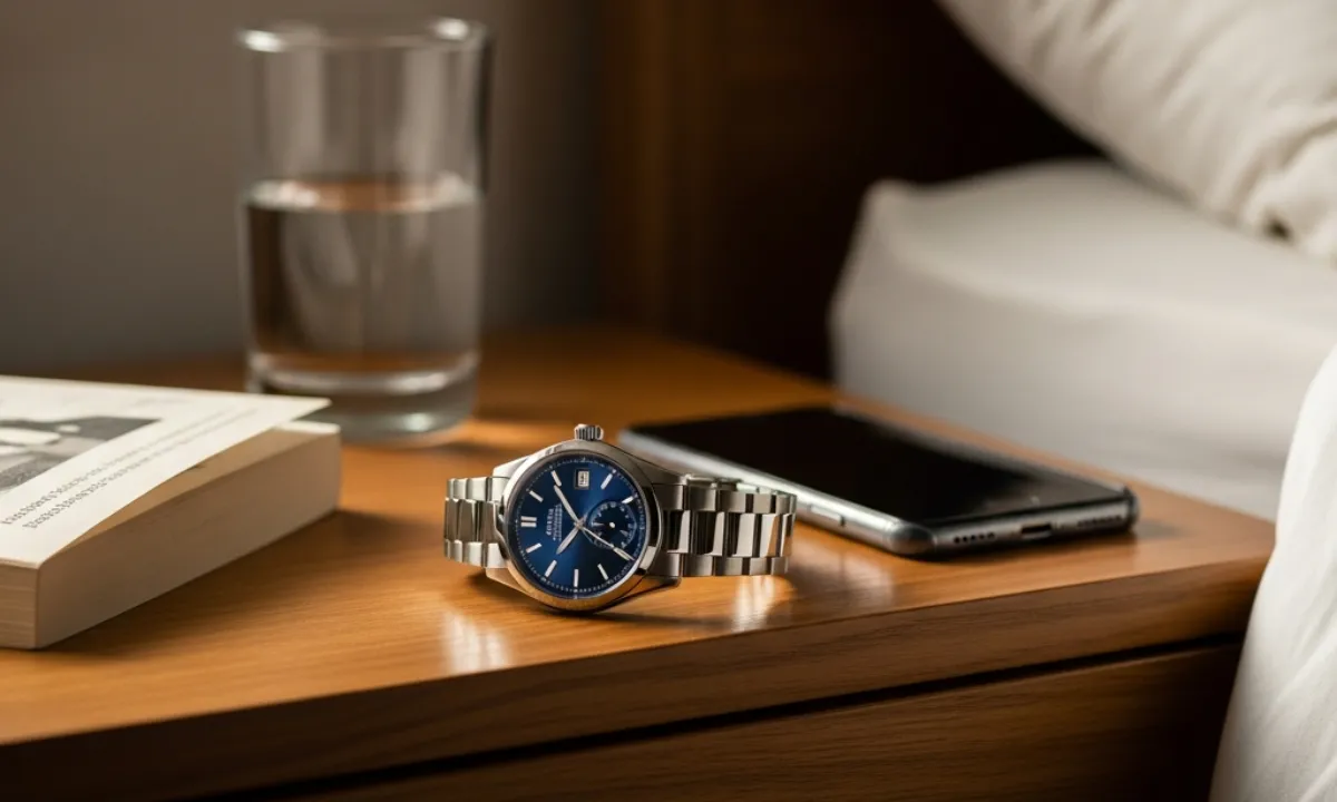 Automatic watch on the nightstand Automatic watch put on the nightstand near the bed